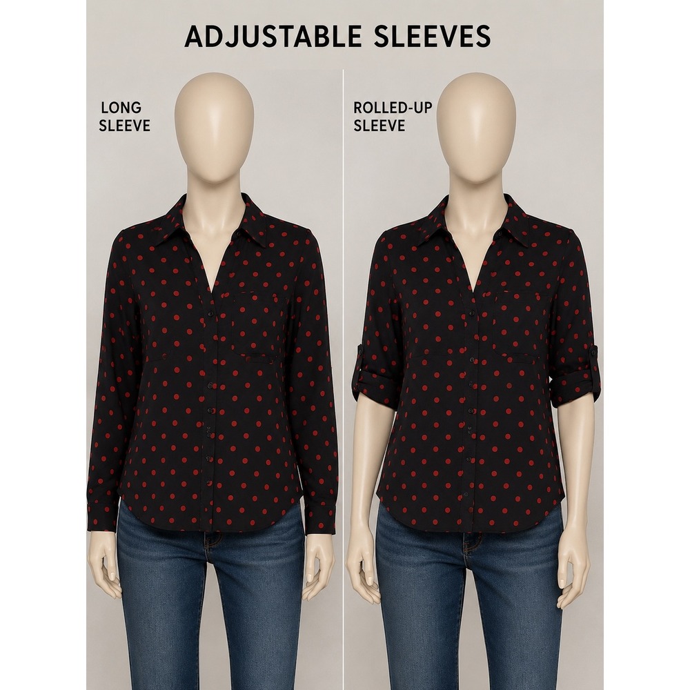 Express Portofino Slim Fit Shirt Black Red Polka Dot Roll Tab Sleeve Blouse S